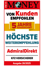 Siegel von Focus Money: AdmiralDirekt erhält eine Auszeichnung für Hohe Weiterempfehlung durch Kunden.
