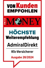Siegel von Focus Money: AdmiralDirekt erhält eine Auszeichnung für Hohe Weiterempfehlung durch Kunden.
