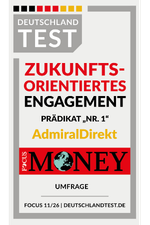 Siegel von Focus Money: AdmiralDirekt erhält eine Auszeichnung 'Zukunftsorientiertes Engagement'.