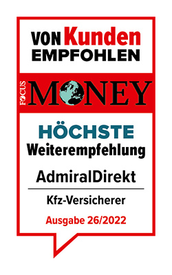 Bereits zum zweiten Mal in Folge erhält AdmiralDirekt die Auszeichnung „Von Kunden empfohlen - Höchste Weiterempfehlung“. 