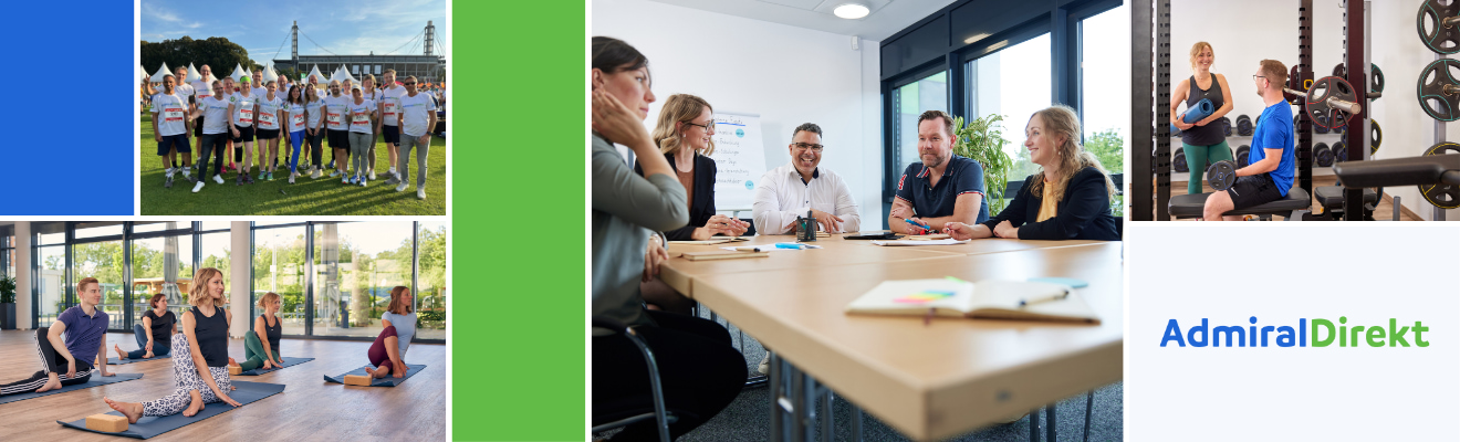 Collage Mitarbeiterbilder: B2Run, Yoga, Szene einer Besprechung, im Fitnessraum
