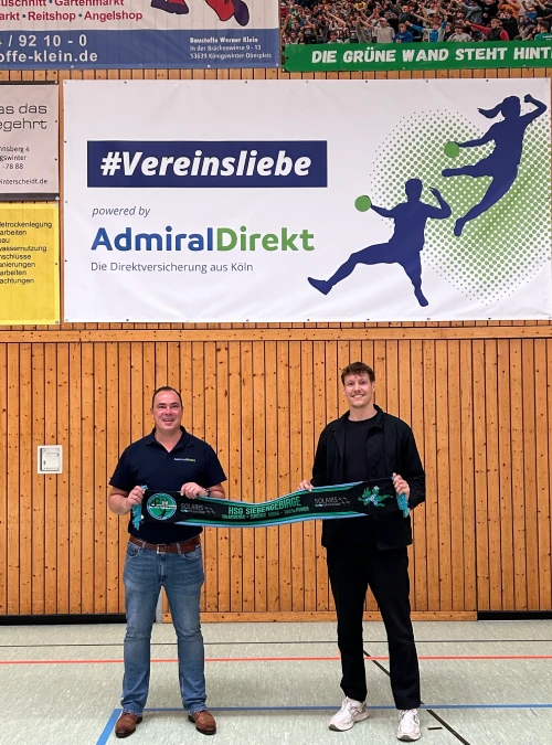 Thomas Vogel, Geschaeftsfuehrer AdmiralDirekt.de GmbH und Bjarne Steinhaus, Vereinsvertreter des HSG Siebengebirge 