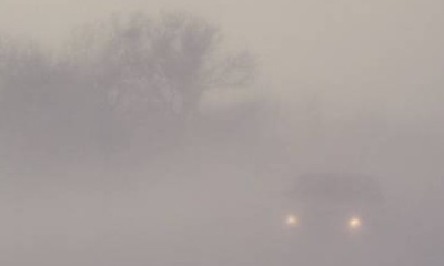 Ein Auto fährt auf einer nebeligen Straße.