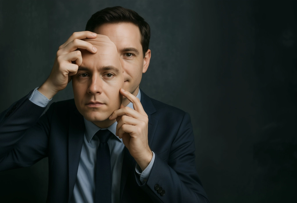 Ein Mann setzt sich eine realistisch wirkende Maske seines eigenen Gesichtes mit anderer Mimik auf. 