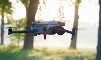 Eine Drohne fliegt in geringer Höhe über einer Wiese an Bäumen vorbei bei Sonnenaufgang.