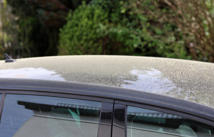 Das Dach eines Autos mit Verschmutzungen durch Saharastaub.