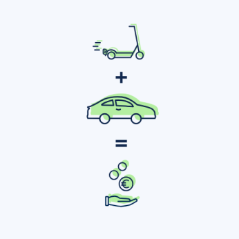 Zu sehen ist eine Grafik mit einem Escooter und einem Auto und einem Sparsymbol, denn bei AdmiralDirket gibt es fünf Prozent Rabatt für alle Kunden, die einen E-Scooter bei AdmiralDirekt versichert haben oder hatten.